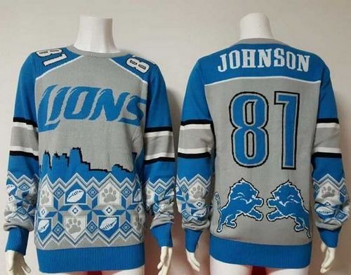 Nike Lions #81 Calvin Johnson Blue/Grey Men's Ugly Sweater Nike Lions #81 Calvin Johnson Blue/Grey Men's Ugly Sweater