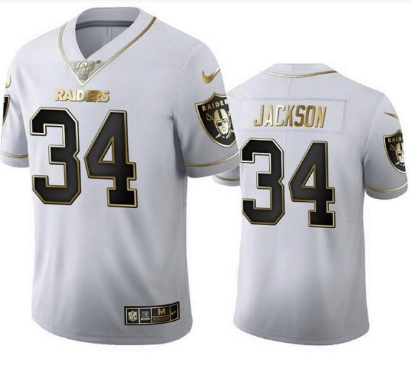Men's Las Vegas Raiders #34 Bo Jackson White Golden Editon Limited Stitched Jersey Men's Las Vegas Raiders #34 Bo Jackson White Golden Editon Limited Stitched Jersey