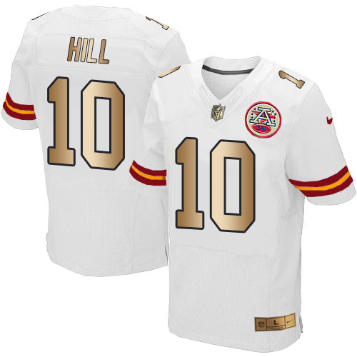 Nike Chiefs #10 Tyreek Hill White Men's Stitched NFL Elite Gold Jersey Nike Chiefs #10 Tyreek Hill White Men's Stitched NFL Elite Gold Jersey