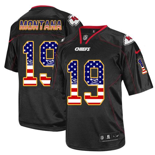Nike Chiefs #19 Joe Montana Black Men's Stitched NFL Elite USA Flag Fashion Jersey Nike Chiefs #19 Joe Montana Black Men's Stitched NFL Elite USA Flag Fashion Jersey
