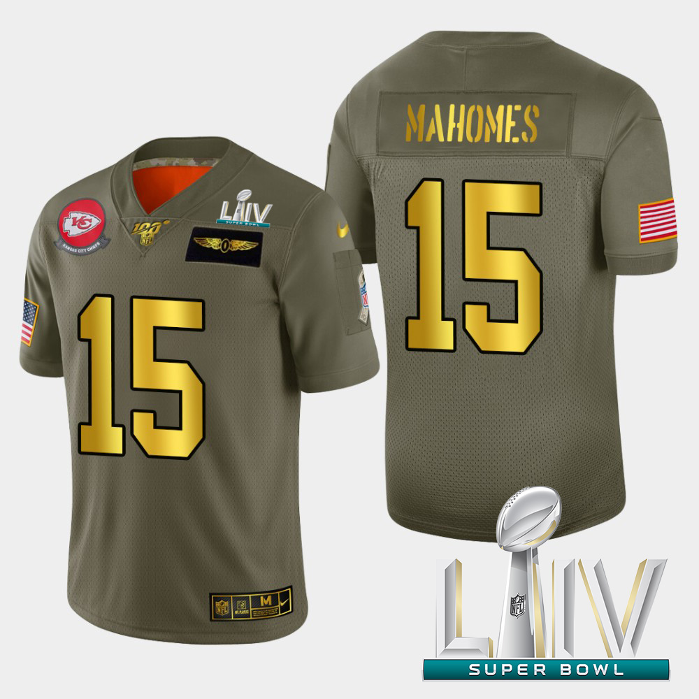 Kansas City Chiefs #15 Patrick Mahomes Men's Nike Olive Gold Super Bowl LIV 2020 2019 Salute to Service Limited NFL 100 Jersey Kansas City Chiefs #15 Patrick Mahomes Men's Nike Olive Gold Super Bowl LIV 2020 2019 Salute to Service Limited NFL 100 Jersey