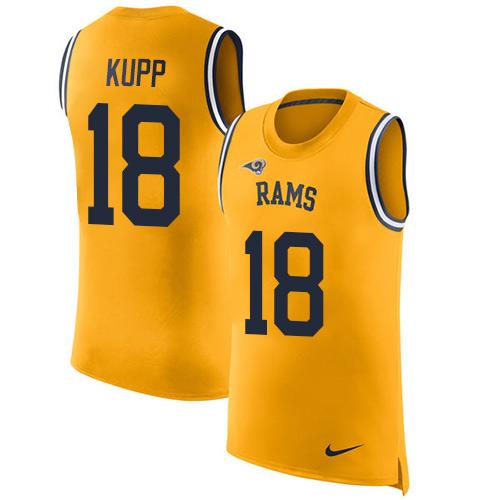 Nike Rams #18 Cooper Kupp Gold Men's Stitched NFL Limited Rush Tank Top Jersey Nike Rams #18 Cooper Kupp Gold Men's Stitched NFL Limited Rush Tank Top Jersey