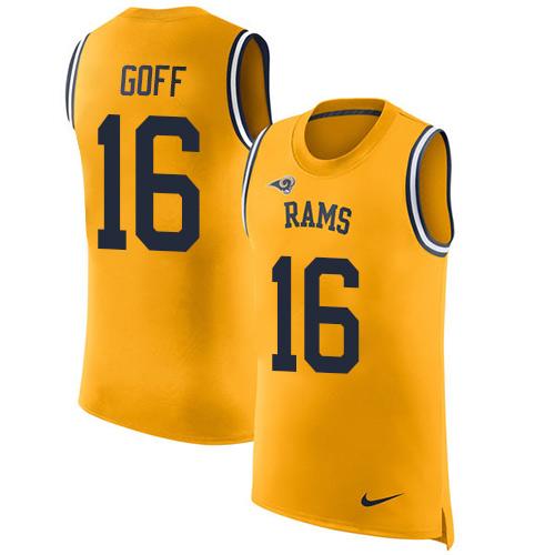 Nike Rams #16 Jared Goff Gold Men's Stitched NFL Limited Rush Tank Top Jersey Nike Rams #16 Jared Goff Gold Men's Stitched NFL Limited Rush Tank Top Jersey
