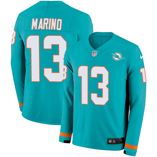 Nike Dolphins #13 Dan Marino Aqua Green Team Color Men's Stitched NFL Limited Therma Long Sleeve Jersey Nike Dolphins #13 Dan Marino Aqua Green Team Color Men's Stitched NFL Limited Therma Long Sleeve Jersey