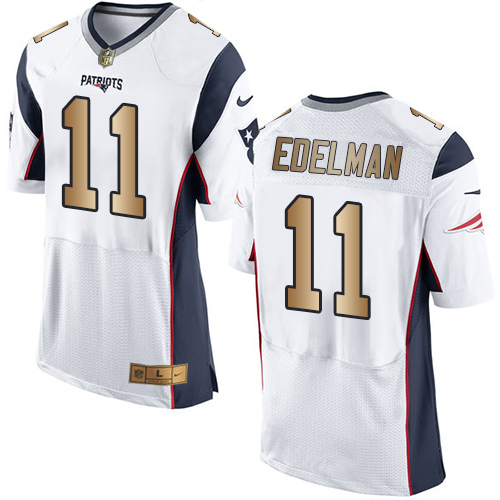 Nike Patriots #11 Julian Edelman White Men's Stitched NFL New Elite Gold Jersey Nike Patriots #11 Julian Edelman White Men's Stitched NFL New Elite Gold Jersey