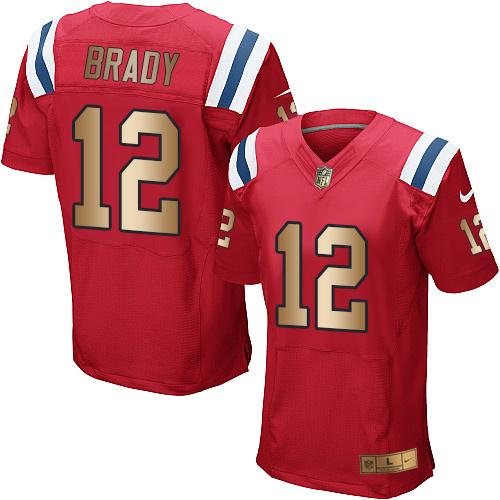 Nike Patriots #12 Tom Brady Red Alternate Men's Stitched NFL Elite Gold Jersey Nike Patriots #12 Tom Brady Red Alternate Men's Stitched NFL Elite Gold Jersey