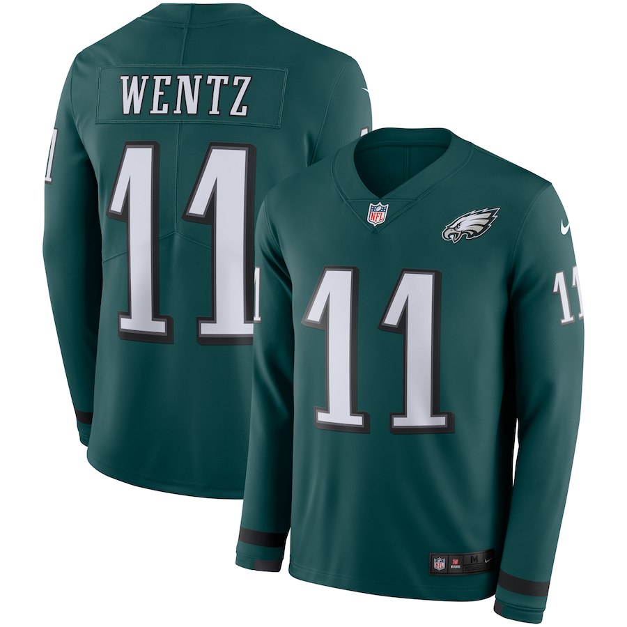 Men's Eagles #11 Carson Wentz Midnight Green Team Color Men's Stitched NFL Limited Therma Long Sleeve Jersey Men's Eagles #11 Carson Wentz Midnight Green Team Color Men's Stitched NFL Limited Therma Long Sleeve Jersey