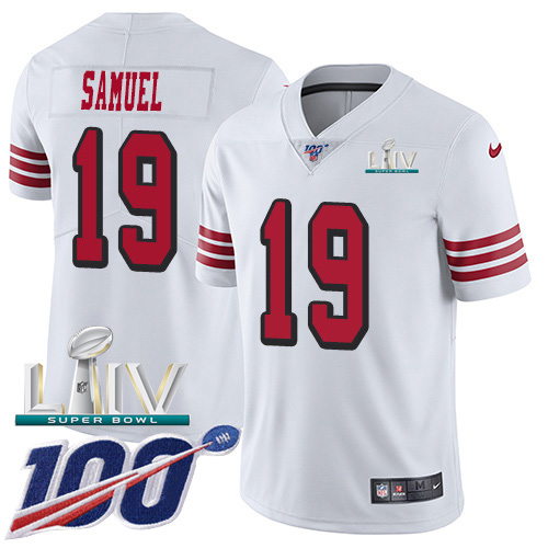 Nike 49ers #19 Deebo Samuel White Super Bowl LIV 2020 Rush Men's Stitched NFL Limited 100th Season Jersey Nike 49ers #19 Deebo Samuel White Super Bowl LIV 2020 Rush Men's Stitched NFL Limited 100th Season Jersey