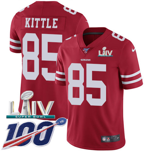 Nike 49ers #85 George Kittle Red Super Bowl LIV 2020 Team Color Men's Stitched NFL 100th Season Vapor Limited Jersey Nike 49ers #85 George Kittle Red Super Bowl LIV 2020 Team Color Men's Stitched NFL 100th Season Vapor Limited Jersey