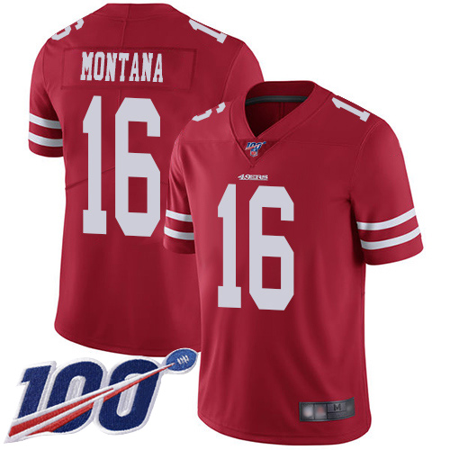 Nike 49ers #16 Joe Montana Red Team Color Men's Stitched NFL 100th Season Vapor Limited Jersey Nike 49ers #16 Joe Montana Red Team Color Men's Stitched NFL 100th Season Vapor Limited Jersey