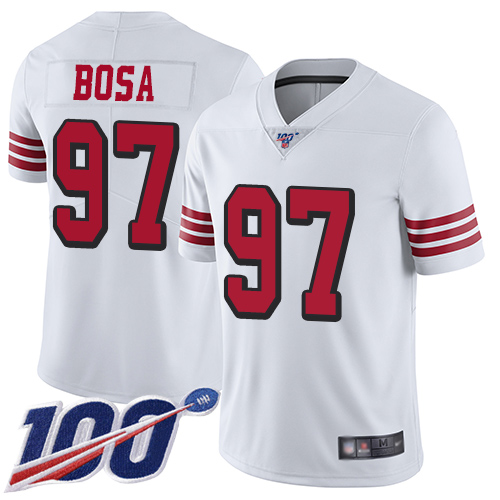 Nike 49ers #97 Nick Bosa White Rush Men's Stitched NFL Limited 100th Season Jersey Nike 49ers #97 Nick Bosa White Rush Men's Stitched NFL Limited 100th Season Jersey