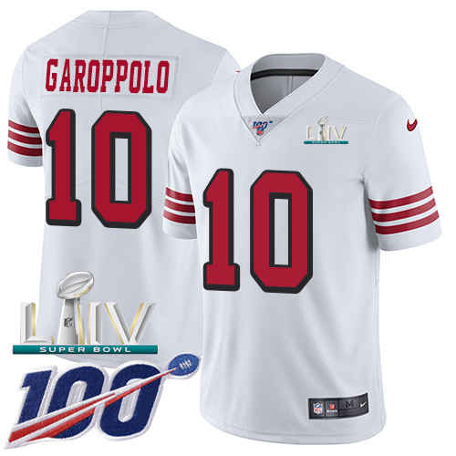 Nike 49ers #10 Jimmy Garoppolo White Super Bowl LIV 2020 Rush Men's Stitched NFL Limited 100th Season Jersey Nike 49ers #10 Jimmy Garoppolo White Super Bowl LIV 2020 Rush Men's Stitched NFL Limited 100th Season Jersey