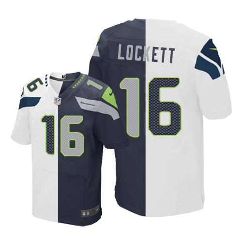 Nike Seahawks #16 Tyler Lockett White/Steel Blue Men's Stitched NFL Elite Split Jersey Nike Seahawks #16 Tyler Lockett White/Steel Blue Men's Stitched NFL Elite Split Jersey
