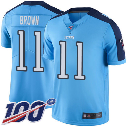 Nike Titans #11 A.J. Brown Light Blue Men's Stitched NFL Limited Rush 100th Season Jersey Nike Titans #11 A.J. Brown Light Blue Men's Stitched NFL Limited Rush 100th Season Jersey