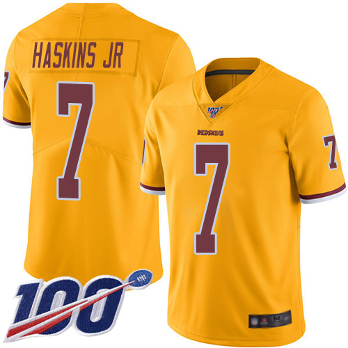 Nike Redskins #7 Dwayne Haskins Jr Gold Men's Stitched NFL Limited Rush 100th Season Jersey Nike Redskins #7 Dwayne Haskins Jr Gold Men's Stitched NFL Limited Rush 100th Season Jersey
