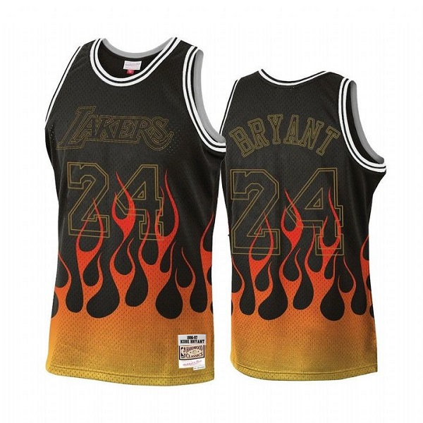 Men's Los Angeles Lakers #24 Kobe Bryant Black Mitchell & Ness 1996-97 Hardwood Classics Swingman Flames Stitched Jersey Men's Los Angeles Lakers #24 Kobe Bryant Black Mitchell & Ness 1996-97 Hardwood Classics Swingman Flames Stitched Jersey