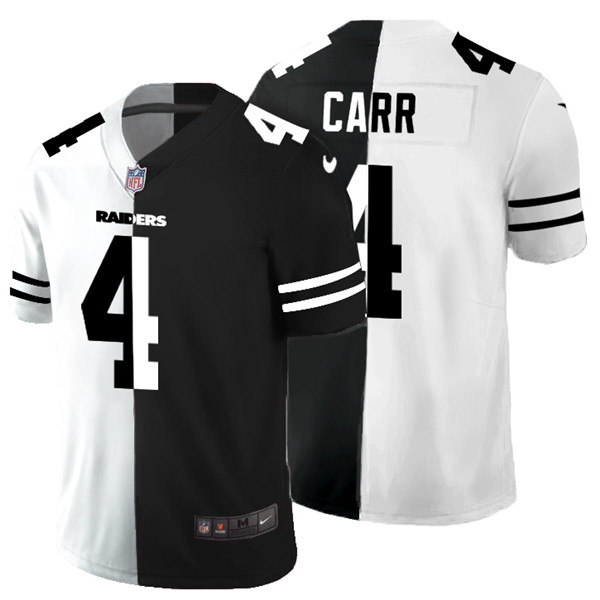 Men's Las Vegas Raiders #4 Derek Carr Black & White NFL Split Vapor Split Limited Stitched Jersey Men's Las Vegas Raiders #4 Derek Carr Black & White NFL Split Vapor Split Limited Stitched Jersey