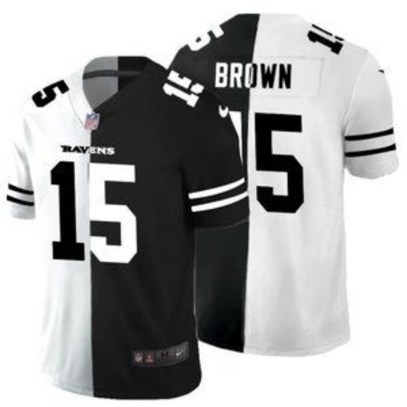 Men's Baltimore Ravens #15 Marquise Brown Black & White NFL Split Vapor Limited Stitched Jersey Men's Baltimore Ravens #15 Marquise Brown Black & White NFL Split Vapor Limited Stitched Jersey