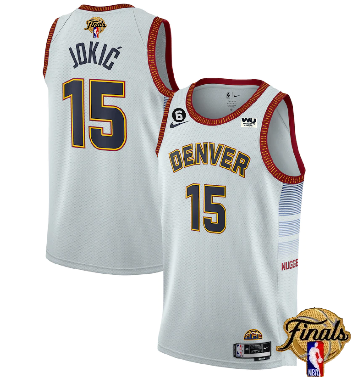 Men's Denver Nuggets #15 Nikola Jokic White 2023 Finals Icon Edition With NO.6 Patch Stitched Basketball Jersey Men's Denver Nuggets #15 Nikola Jokic White 2023 Finals Icon Edition With NO.6 Patch Stitched Basketball Jersey