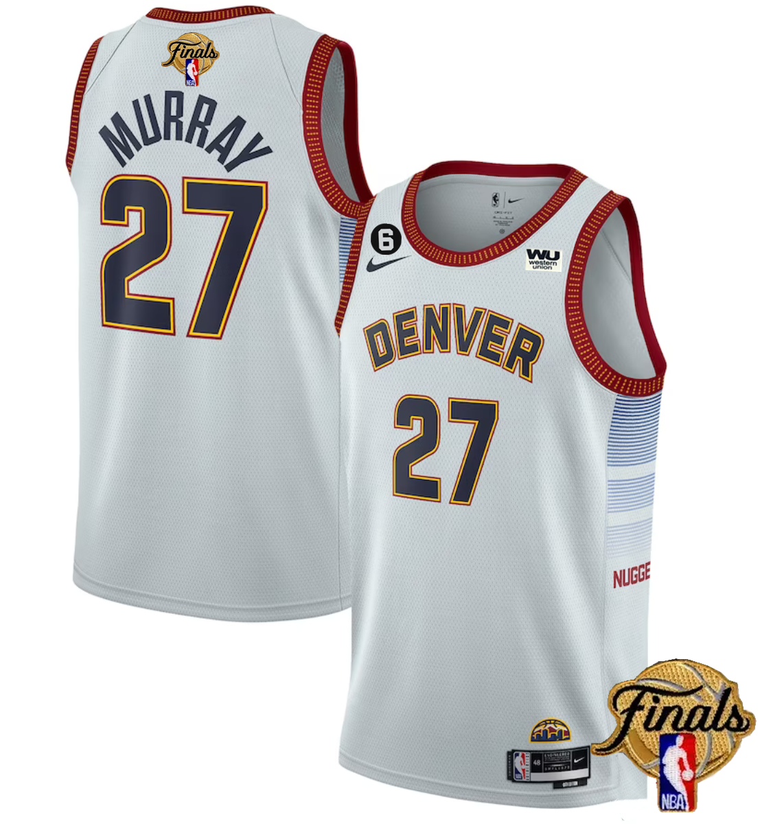 Men's Denver Nuggets #27 Jamal Murray Silver 2023 Finals Icon Edition With NO.6 Patch Stitched Basketball Jersey Men's Denver Nuggets #27 Jamal Murray Silver 2023 Finals Icon Edition With NO.6 Patch Stitched Basketball Jersey