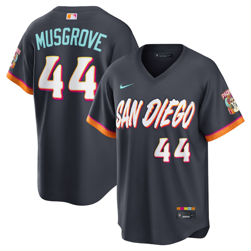 Men's San Diego Padres #44 Joe Musgrove Obsidian 2026 City Connect Stadium Stitched Baseball Jersey Men's San Diego Padres #44 Joe Musgrove Obsidian 2026 City Connect Stadium Stitched Baseball Jersey