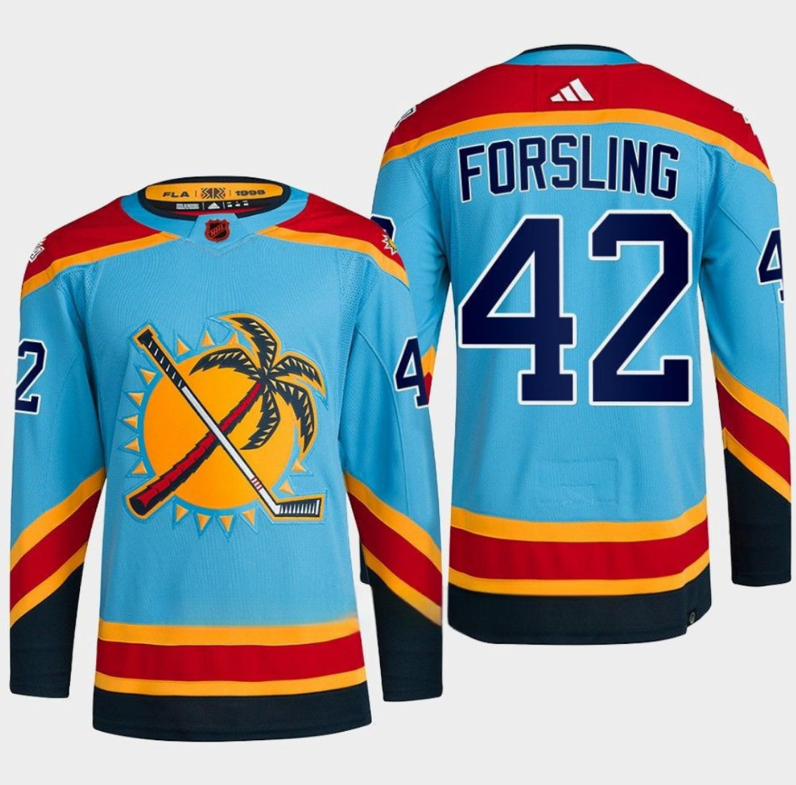 Men's Florida Panthers #42 Gustav Forsling Blue 2022-23 Reverse Retro Stitched Jersey Men's Florida Panthers #42 Gustav Forsling Blue 2022-23 Reverse Retro Stitched Jersey