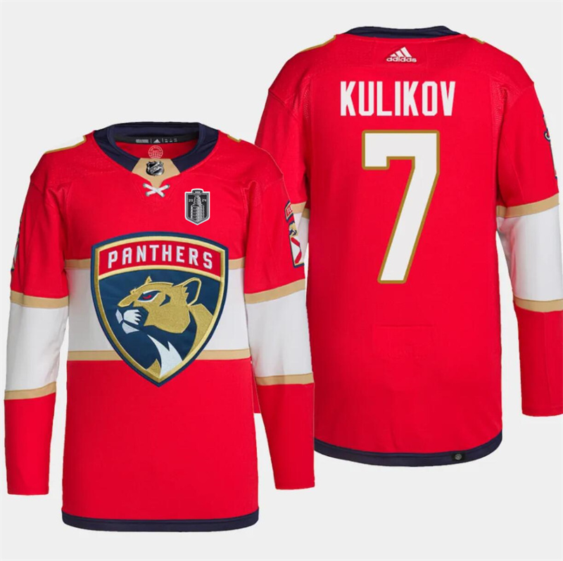 Men's Florida Panthers #7 Dmitry Kulikov Red 2024 Stanley Cup Final Patch Stitched Jersey Men's Florida Panthers #7 Dmitry Kulikov Red 2024 Stanley Cup Final Patch Stitched Jersey