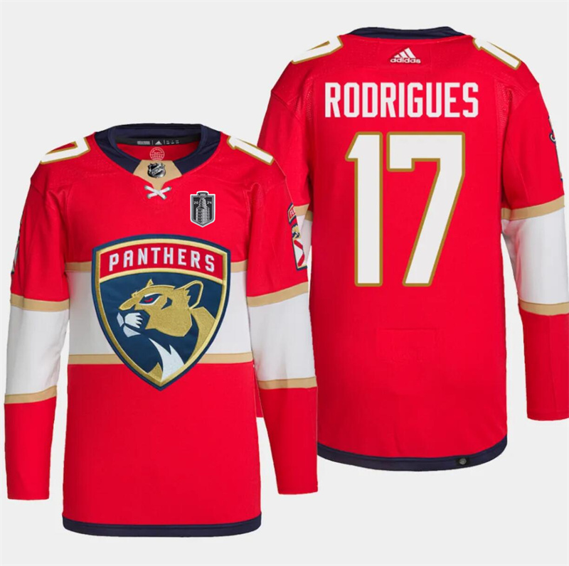 Men's Florida Panthers #17 Evan Rodrigues Red 2024 Stanley Cup Final Patch Stitched Jersey Men's Florida Panthers #17 Evan Rodrigues Red 2024 Stanley Cup Final Patch Stitched Jersey