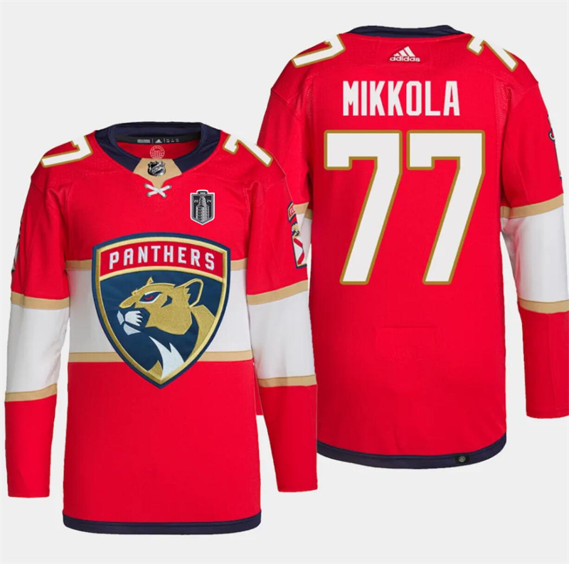 Men's Florida Panthers #77 Niko Mikkola Red 2024 Stanley Cup Final Patch Stitched Jersey Men's Florida Panthers #77 Niko Mikkola Red 2024 Stanley Cup Final Patch Stitched Jersey