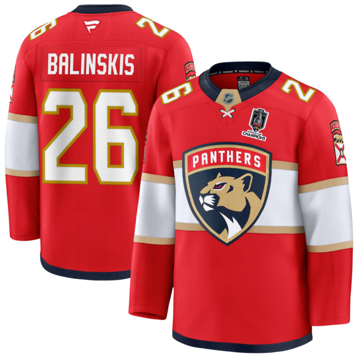 Men's Florida Panthers #26 Uvis Balinskis Red Home 2025 Stanley Cup Champions Patch Stitched Hockey Jersey