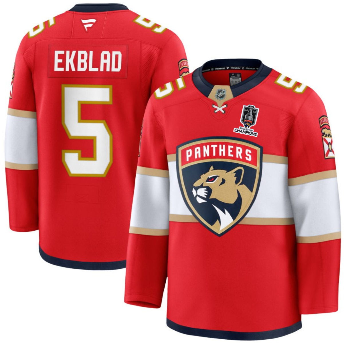 Men's Florida Panthers #5 Aaron Ekblad Red Home 2025 Stanley Cup Champions Patch Stitched Hockey Jersey