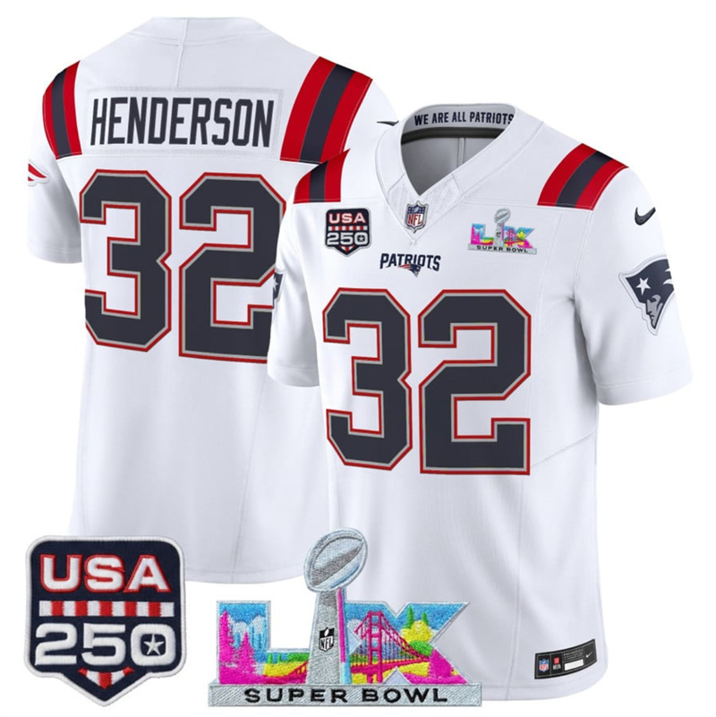 Youth New England Patriots #32 TreVeyon Henderson White 2025 F.U.S.E. Super Bowl LX & USA 250' Patch Vapor Limited Stitched Football Jersey