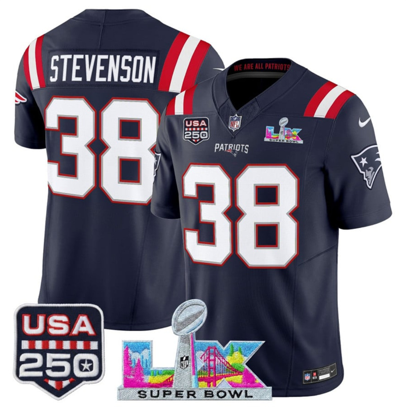 Youth New England Patriots #38 Rhamondre Stevenson Navy 2025 F.U.S.E. Super Bowl LX Patch And USA 250' Patch Vapor Limited Stitched Football Jersey