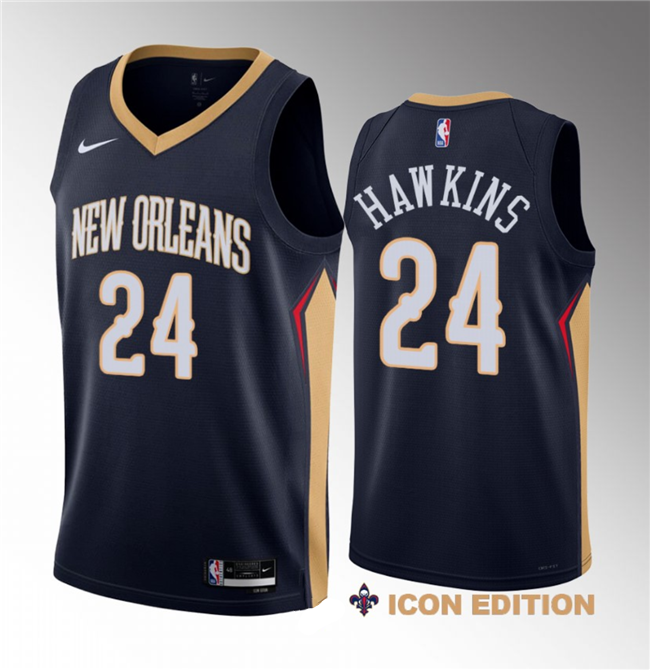 Men's New Orleans Pelicans #24 Jordan Hawkins Navy 2023 Draft Icon Edition Stitched Basketball Jersey Men's New Orleans Pelicans #24 Jordan Hawkins Navy 2023 Draft Icon Edition Stitched Basketball Jersey