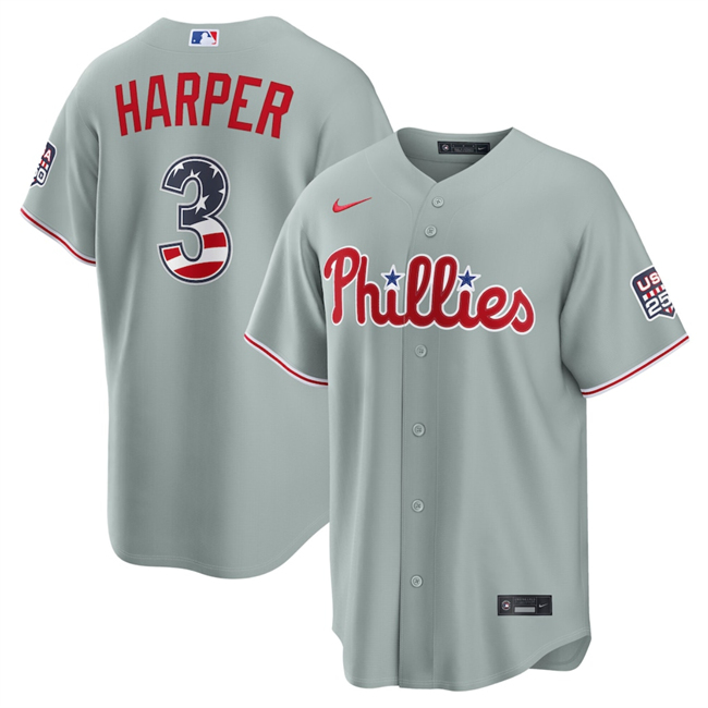 Men's Philadelphia Phillies #3 Bryce Harper Grey USA 250 Fourth of July Home Stitched Baseball Jersey
