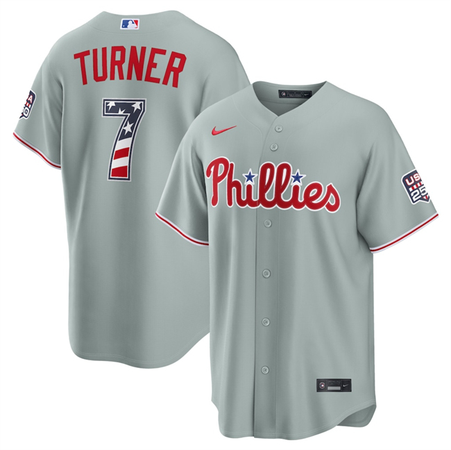 Men's Philadelphia Phillies #7 Trea Turner Grey USA 250 Fourth of July Home Stitched Baseball Jersey Men's Philadelphia Phillies #7 Trea Turner Grey USA 250 Fourth of July Home Stitched Baseball Jersey