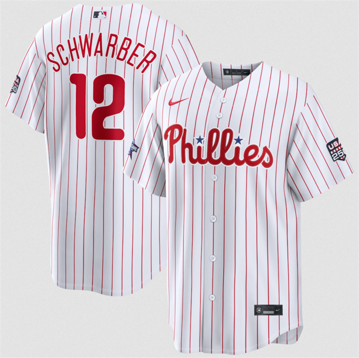 Men's Philadelphia Phillies #12 Kyle Schwarber White 2026 All-Star Game & USA 250 Patch Stitched Baseball Jersey