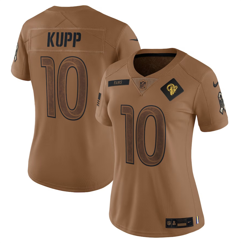 Women's Los Angeles Rams #10 Cooper Kupp 2023 Brown Salute To Service Limited Stitched Football Jersey(Run Small) Women's Los Angeles Rams #10 Cooper Kupp 2023 Brown Salute To Service Limited Stitched Football Jersey(Run Small)