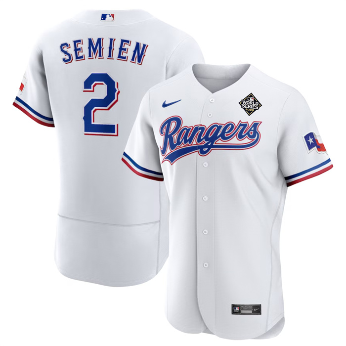 Men's Texas Rangers #2 Marcus Semien White 2023 World Series Flex Base Stitched Baseball Jersey Men's Texas Rangers #2 Marcus Semien White 2023 World Series Flex Base Stitched Baseball Jersey