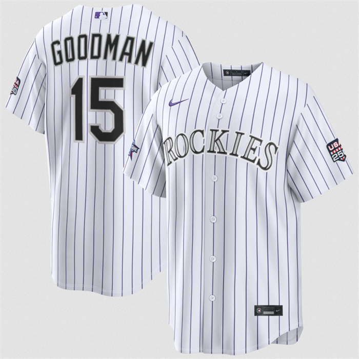 Men's Colorado Rockies #15 Hunter Goodman White 2026 All-Star Game & USA 250 Patch Stitched Baseball Jersey