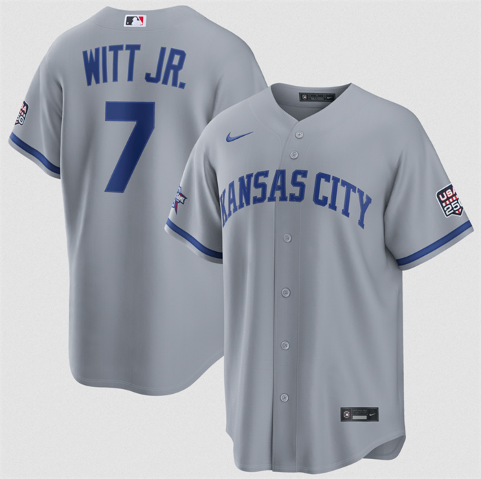 Men's Kansas City Royals #7 Bobby Witt Jr. Gray 2026 All-Star Game & USA 250 Patch Stitched Baseball Jersey