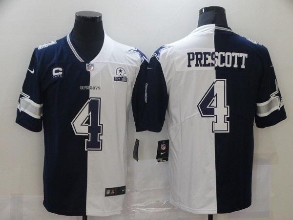 Men's Dallas Cowboys #4 Dak Prescott Navy White Split With C Patch Stitched Jersey Men's Dallas Cowboys #4 Dak Prescott Navy White Split With C Patch Stitched Jersey