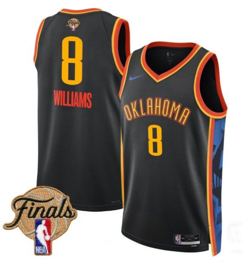 Men's Oklahoma City Thunder #8 Jalen Williams Black 2025 Finals City Edition Stitched Basketball Jersey Men's Oklahoma City Thunder #8 Jalen Williams Black 2025 Finals City Edition Stitched Basketball Jersey