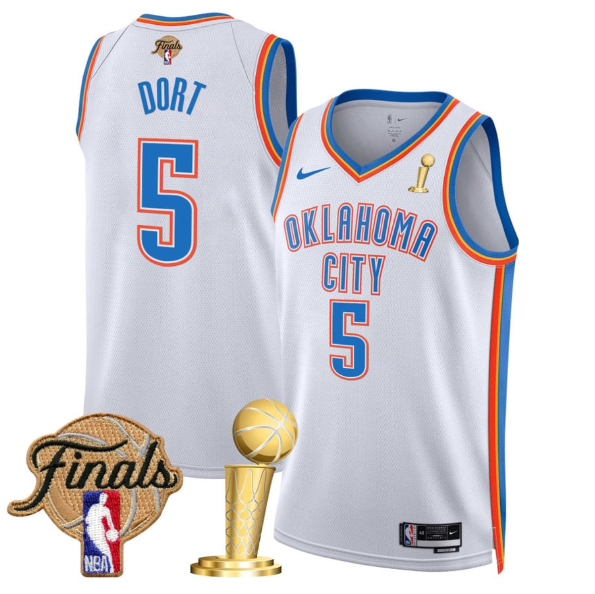 Men's Oklahoma City Thunder #5 Luguentz Dort White 2025 Finals Champions Association Edition Stitched Basketball Jersey Men's Oklahoma City Thunder #5 Luguentz Dort White 2025 Finals Champions Association Edition Stitched Basketball Jersey