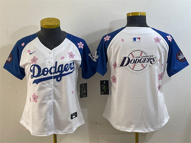 Women's Los Angeles Dodgers Team Big Logo White/Royal 2025 Tokyo Series Limited Stitched Baseball Jersey(Run Small) 002 Women's Los Angeles Dodgers Team Big Logo White/Royal 2025 Tokyo Series Limited Stitched Baseball Jersey(Run Small) 002