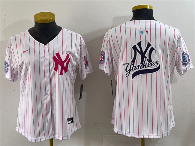 Women's New York Yankees Team Big Logo White/Pink Pinstripe Limited Stitched Baseball Jersey 003(Run Small)