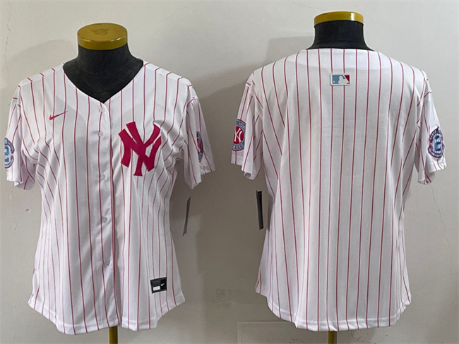 Women's New York Yankees Blank White/Pink Pinstripe Limited Stitched Baseball Jersey(Run Small)