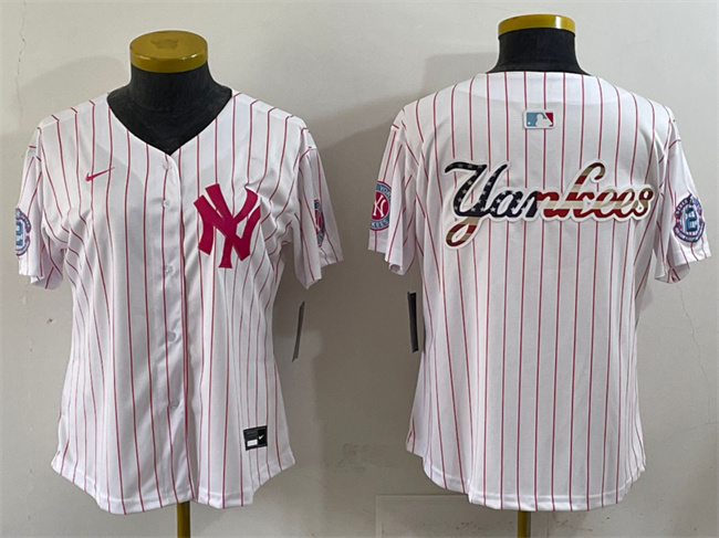 Women's New York Yankees Team Big Logo White/Pink Pinstripe Limited Stitched Baseball Jersey 005(Run Small)
