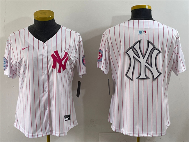Women's New York Yankees Team Big Logo White/Pink Pinstripe Limited Stitched Baseball Jersey 001(Run Small)