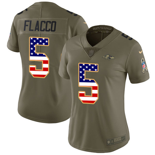 Nike Ravens #5 Joe Flacco Olive/USA Flag Women's Stitched NFL Limited 2017 Salute to Service Jersey Nike Ravens #5 Joe Flacco Olive/USA Flag Women's Stitched NFL Limited 2017 Salute to Service Jersey